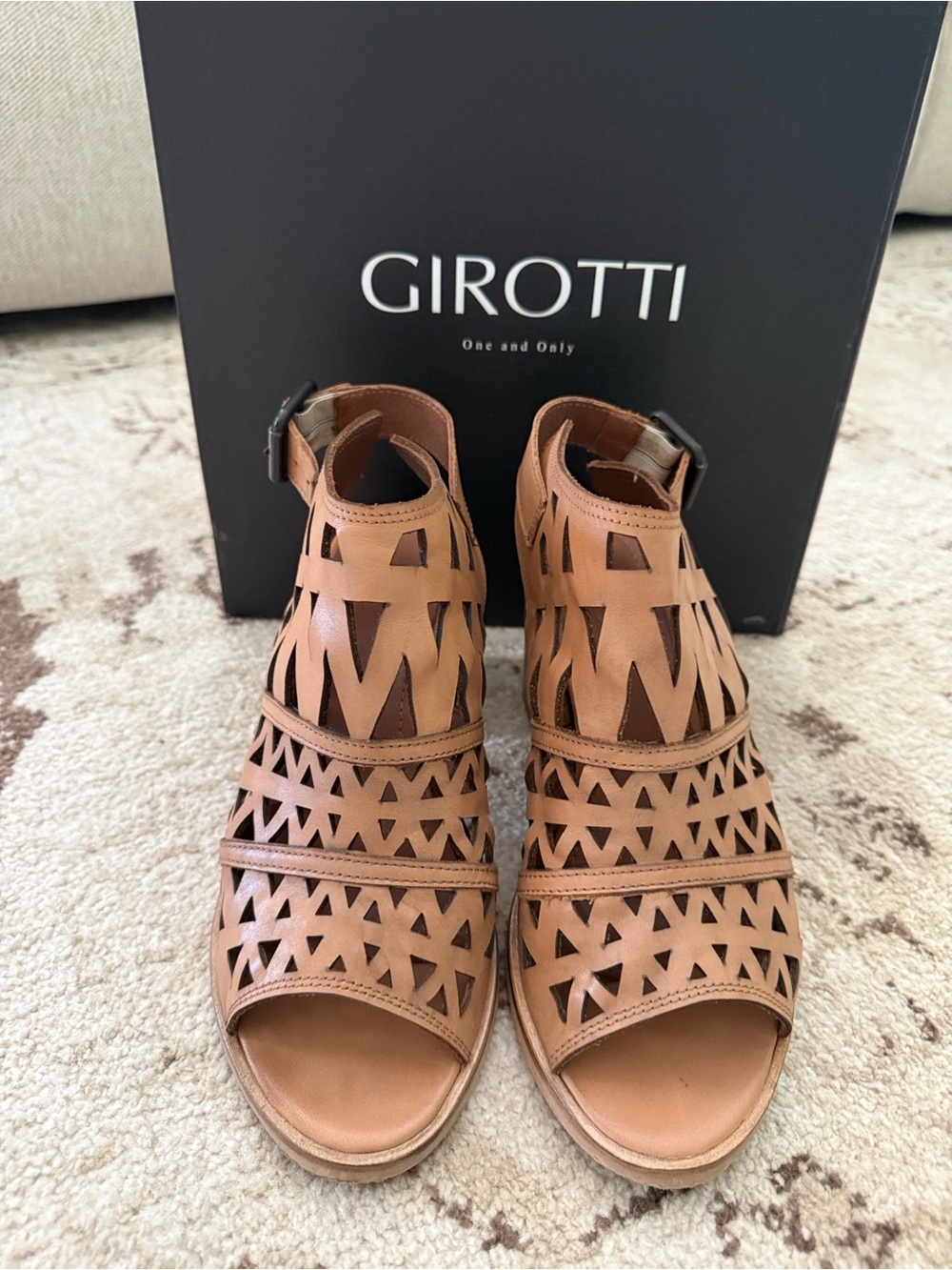 Girotti Tan Laser-Cut Strappy Sandals with Ankle Buckle, Size 10/40